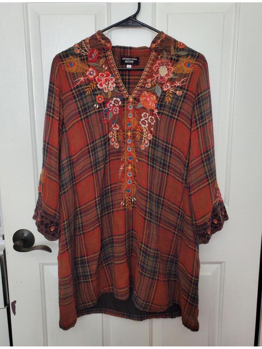 Johnny Was Workshop Plaid Floral Embroidered Button Down Shirt Silk Womens XS
